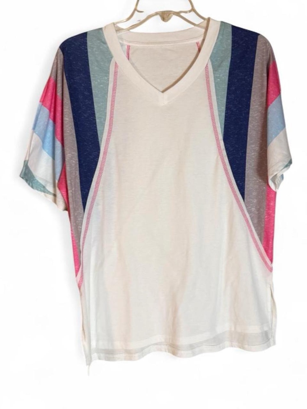 Women's White V-Neck Top with Multicolor Stripe Sleeves